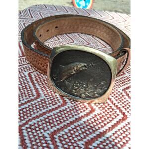 Vtg steven l knight sculpture trout fishing buckle bronze on tony llama belt 36